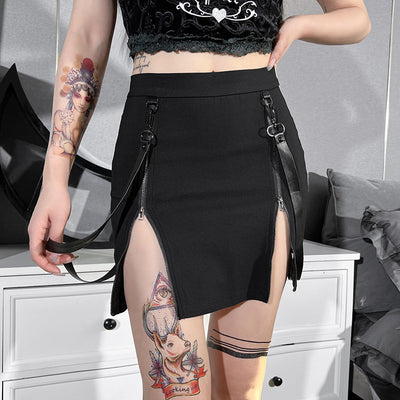 Double zipper baggy hip splits strappy overall tight skirt gothic style