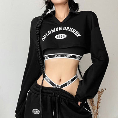 Women Alphabets Prints T-shirt cami 2 pc set high waist lapel collar straps vest chic