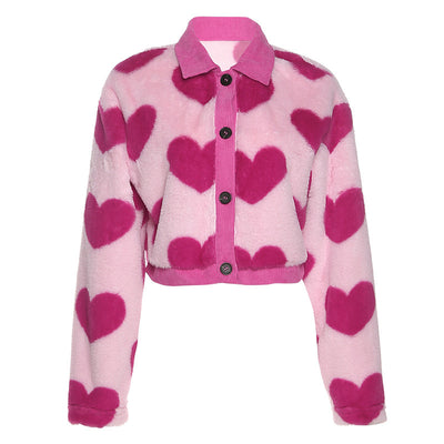 Splicing contrast color love hearts furry puffy jacket coat lapel collar cardigan crop top women kawaii sweater