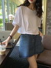 Avocado Green crop short summer T-shirt female pleated hem loose fit Korean style