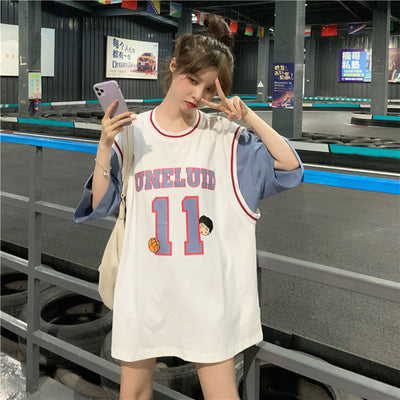 BF style Fake 2pc basketball anime jersey T-shirt Korean fashion loose long shirt half sleeve ins