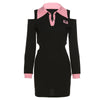 Splicing off shoulder hollow cut mini dress tight hip lapel collar safety pins sexy hot girl style