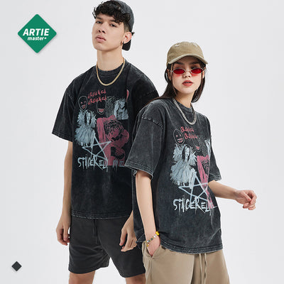 Washed retro vintage plus size highstreet tee pentagram gothic graffiti prints casual shirt for boys and girls