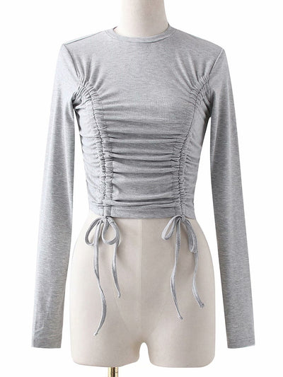 Drawstring lace up long sleeve pullover women T-shirt show clavicle thin apparel