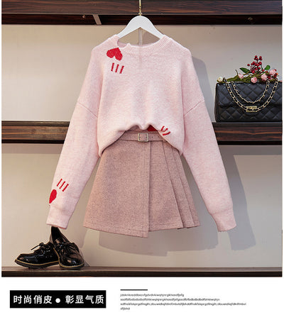 Playful kawaii sweater skirt 2pc set asymmetric collar and pleated skirt design pink blogger favorite suit