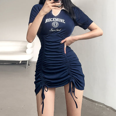 Sexy mini dress splicing lapel collar letter print drawstring lace up pleated slim fit knitted skirt