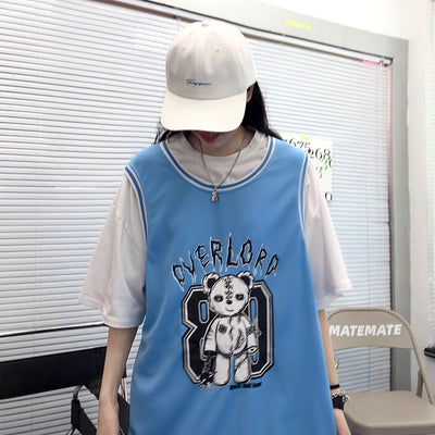 women basketball fake 2 pc jersey sleeveless T-shirt summer long vest 2021 bf style harajuku design loose fit