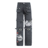 2022 dark gothic printed denim cargo pants bandages button holes eyelets pockets chic jeans high waist trousers