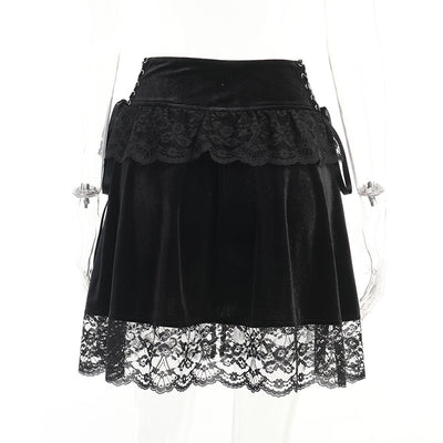 Dark gothic pentagram zipper college style lace up skirt high waist splicing velvet for gothic girls