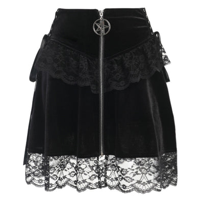 Dark gothic pentagram zipper college style lace up skirt high waist splicing velvet for gothic girls