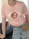 Kawaii fallen angel lace up drawstring ruffled crop top tee T-shirt for femme round collar