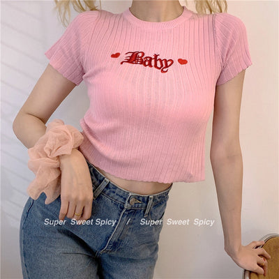 funny sweet girl Korean retro knitwar top embroidered letter vest shirt T-shirt