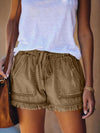 Chic drawstring summer thin high waist tassel jeans shorts with big multi-pockets plus size
