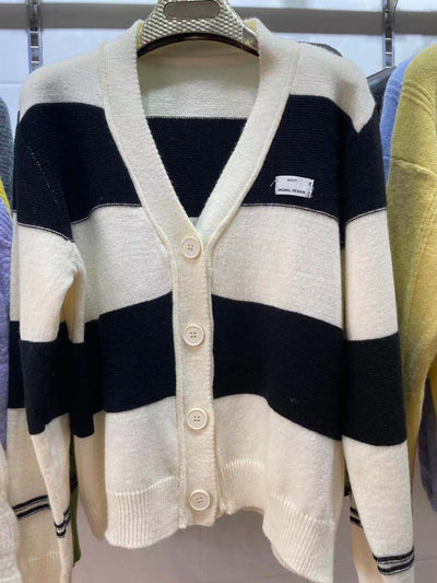 Wide stripes color blocks V-neck sweater jacket loose fit women cardigan