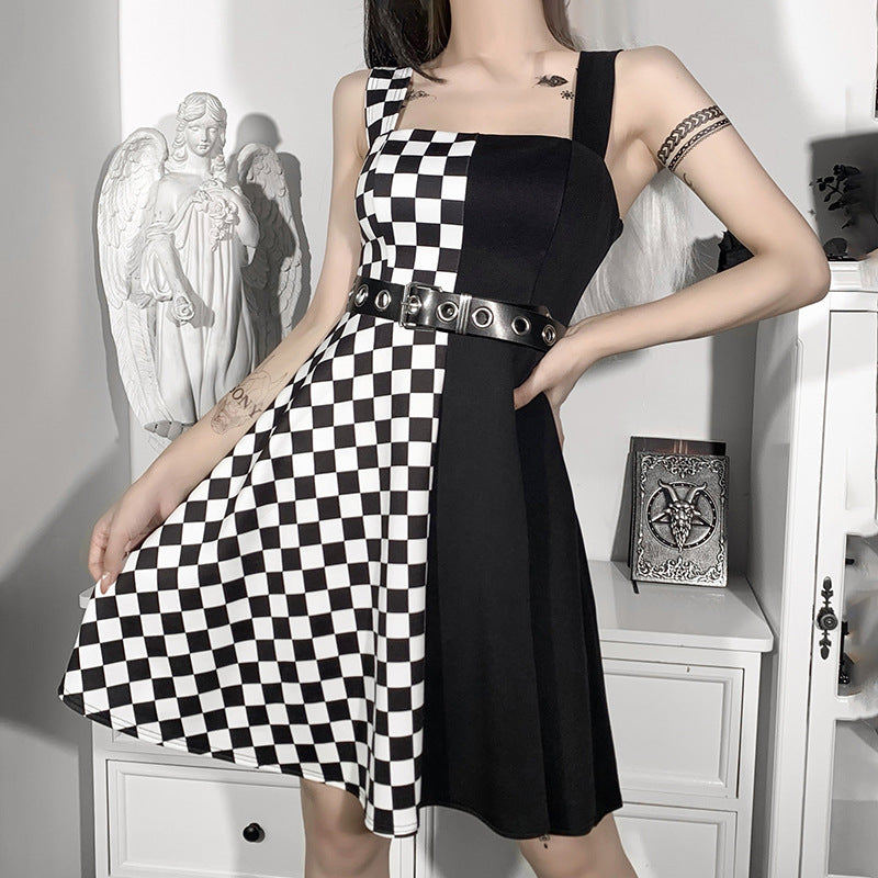 Contrast Checkered Dress black-and-white-checkered-plaid -buffalo-print-pattern-dress-button-front-tied-…
