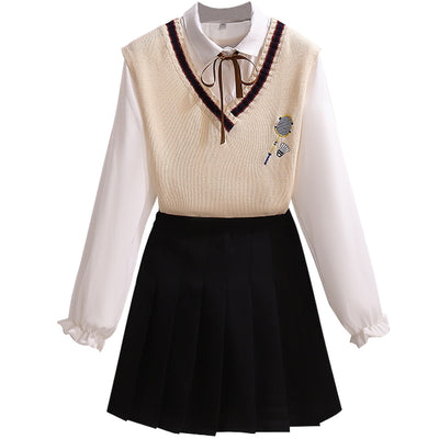 College set for Girls V neck Vest top blouse pleated skirt with ribbon knot bows