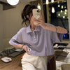 Polo collar short sleeve squarely T-shirt split hem loose top pastel colors korean style