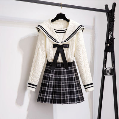 loose fit college navy collar bowknot sweater pleated plaid skirt two-piece set