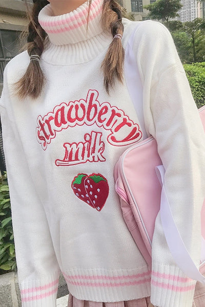 kawaii turtleneck strawberry embroidered long sleeve sweater loose fit pullover sweatshirt