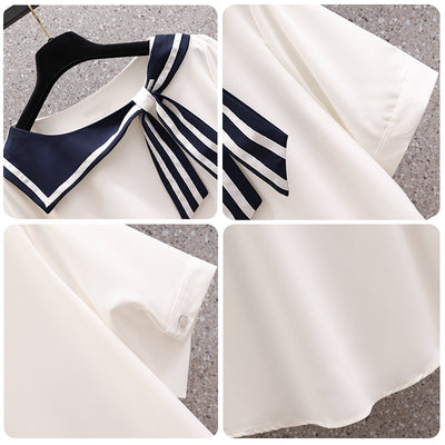 Plus size navy sailor collar stripes tie knot blouse Japanese style women top