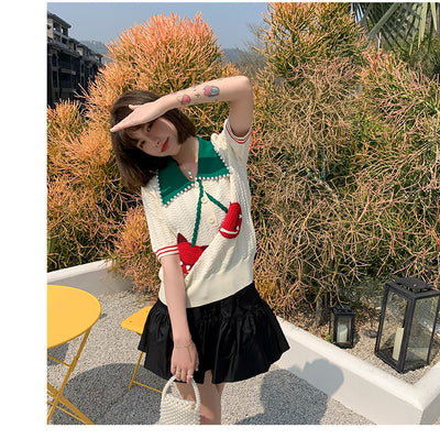 kPop movie star French design knitwear for summer retro style knited cardigan outfit cherries deco