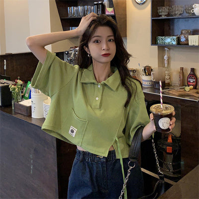 Polo collar short sleeve squarely T-shirt split hem loose top pastel colors korean style