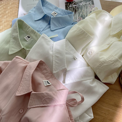 Blogger niche chic retro Japanese Mori style drawstring hem multi-pockets short shirt polo collar