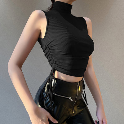 2022 new crop cami vest slim solid color turtle neck drawstring lace up sleeveless knitwear Knitted Rib Tank Top