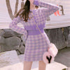 2022 Kawaii 3 pc set long sleeved sweater crop jacket cardigan Hip Wrap Skirt plaid camisole knitted suit