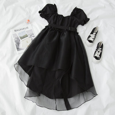 2022 Gothic French collared tuxedo tail black irregular gauze baby doll dress for women