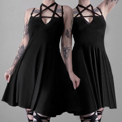 Pentagram shoulder straps tight fit high waist skater mini dress basics for gothic wear
