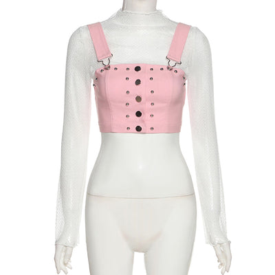 2021 gothic kawaii slim fit lace top crop suspender vest fake 2 pc rivet deco