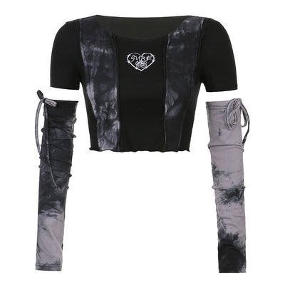 Gothic tie dyed separate sleeves splicing T-shirt design agaric edge heart prints for spicy girl