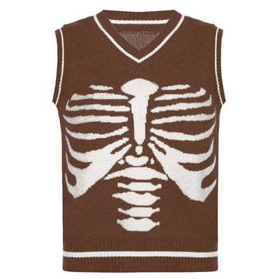Skeleton sternum print contrast color V-neck sleeveless knitwear woolen sweatshirt college style