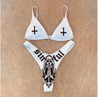 Gothic wordings bikini dark angel devil sexy chest lifting women split swimsuit swimwear