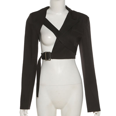 Half chest bondage jacket irregular back women stretchable balero dew navel women petite suit for Spring and Autumn