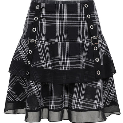Sexy European style gothic checkered splicing layered skirt eyelets buckle belt slim fit