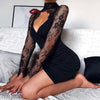 Sexy lace stitching long sleeved dress choker sexy V-neck slim fit high waist hip tight skirt celebrity wears