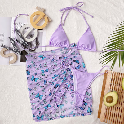 3 pc set Bikini swimsuit 2021 butterfly print swimwear drawstring skirt swim skirt set