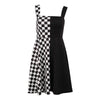 Splicing black and white checkered plaid contrast stitching strappy basic dress for gothic women