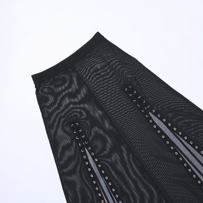 Gothic sexy translucent mesh split long skirt drawstrings eyelets