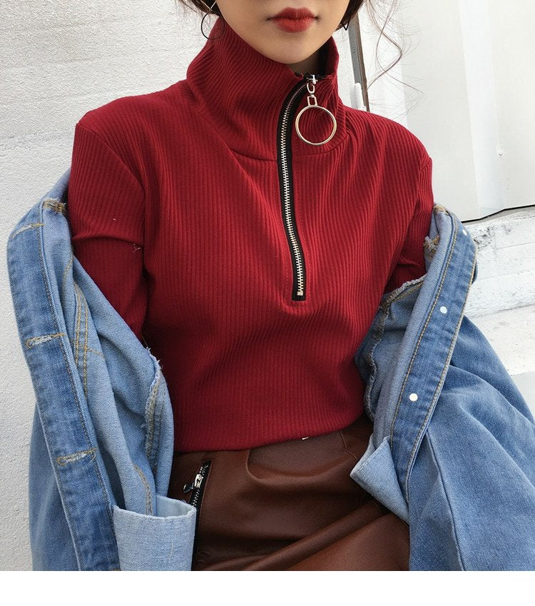 retro chic round ring zipper high collar pullover Korean basic warm T sweater for Femme