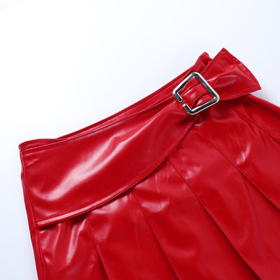 Thin PU leather high waist versatile skirt sexy pleated skirt with buckle