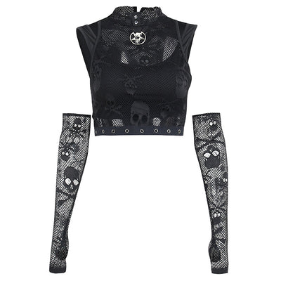 Gothic high collar vest sleeveless sweatshirt split mesh skull sleeves half fingers gloves set pentagram pendant