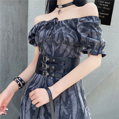 Harajuku style dark gothic cool girl off shoulder split hem tie-dyed ruffled midi dress belt girdle