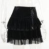 Gothic punk style eyelet lace up strap mesh overskirt sexy layered velvet big hem skirt dress