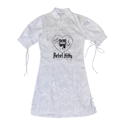 Devil rebel kitty brocade changshan gown dark gothic kawaii cartoon print dress bubble sleeves
