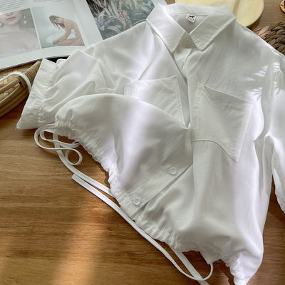 Blogger niche chic retro Japanese Mori style drawstring hem multi-pockets short shirt polo collar