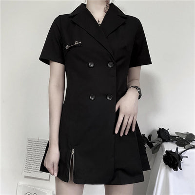 Korean gothic style double breasted long shirt safety pin with belt mini dress