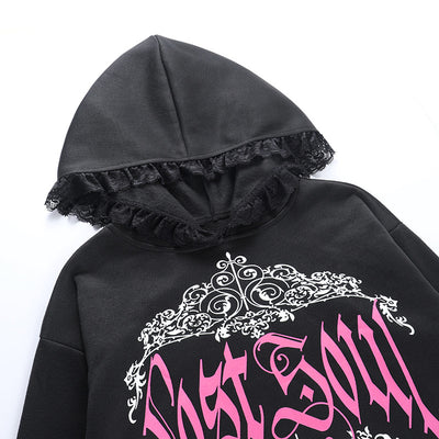 Dark gothic lace trim hooded casual sweatshirt thumb sleeve printed sweater hoodie pullover for women
